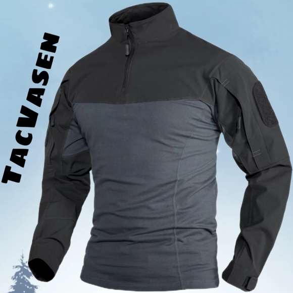 TacVasen Mens Tactical T-Shirt Black & Gray Cotton Body Nylon Sleeves Outdoor - Picture 1 of 14